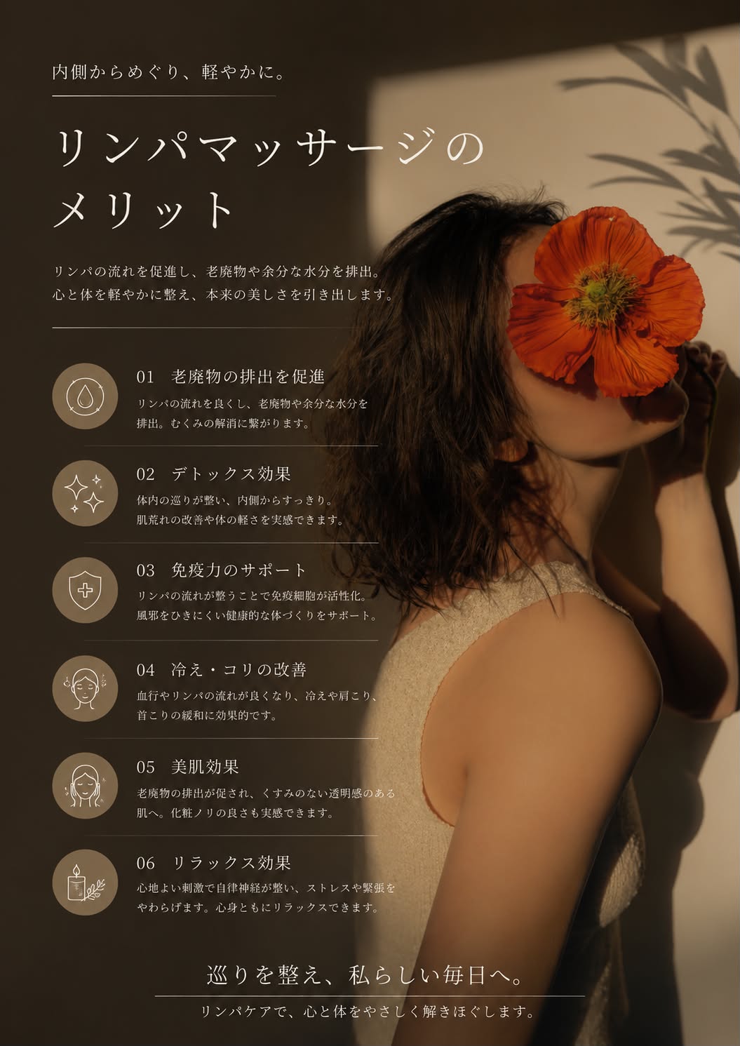 深層デトックスリンパで期待できる6つの変化：01老廃物の排出をサポート、02内側からのすっきり感、03めぐりと体調の土台づくり、04冷え・コリのやわらぎ、05肌の明るさ、06深いリラックス